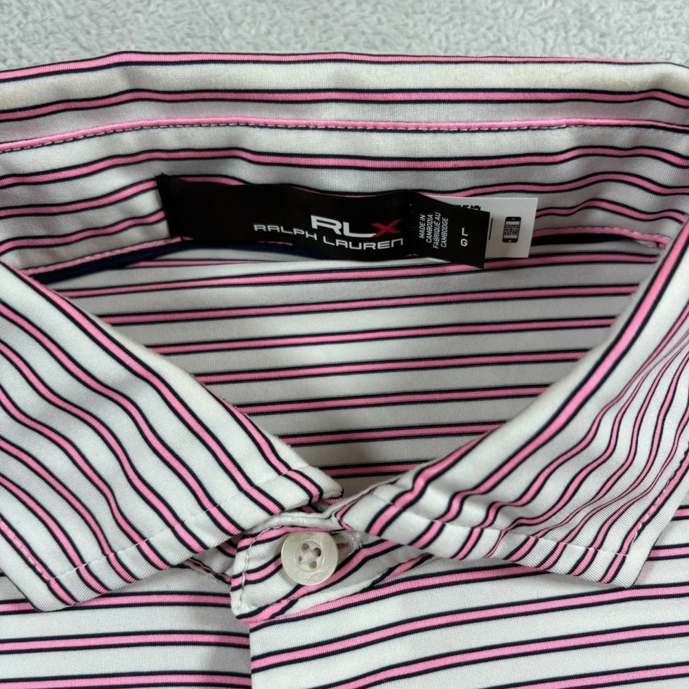 RLX Ralph Lauren Polo Shirt Mens Large Gray Pink Striped‎ High Low Hem Golf